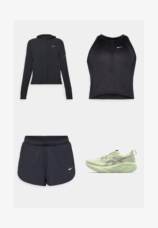 Melnā kapuci jaka ar garām piedurknēm, izgatavota no viegla materiāla. Tam ir priekšējais rāvējslēdzis, Nike logo un smalki dizaina akcenti.; Melnā sportiskā augšdaļa ar rāvējslēdzēju priekšpusē, acs akcenti un pieguloša dizaina. Izgatavota no elastīga, elpojoša auduma. Nike logo priekšpusē.; Melnas sporta šortus, kas izgatavoti no viegla, elpojoša auduma. Iezīmē elastīga josta un balts Nike logo labajā apakšējā stūrī.; Gaiši zaļš sporta apavs ar tīklu augšdaļu, strukturālām akcentiem un biezu, stūrainu zoli, kas nodrošina uzlabotu amortizāciju un atbalstu.