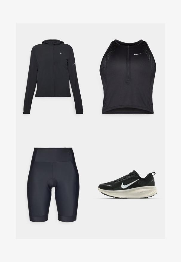 Must musta kapuutsiga jakk, millel on pikad varrukad ja mis on valmistatud kergetest materjalidest. Omab esitaskut, Nike logo ja kergelt silmatorkavaid disainiaktsente.; Must negra spordiline crop top, millel on lukk ees, võrgukangast detailid ja vormiv disain. Valmistatud venivast ja hingavast kangast. Nike logo ees.; Mustad mustad jalgrattapüksid, mis on valmistatud siledast, elastsetest kangast. Kõrge vöökohaga disain, padjakestega sisetükk ja õmbluste detailid.; Musthave mustus Nike jooksujalats, millel on hingav võrgust ülemine osa, valge swoosh logo, tekstuuriga detailid ja kreemja värvusega ZoomX vahevöö.