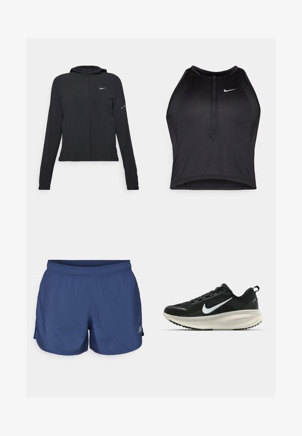 Jachetă neagră cu glugă, cu mâneci lungi, fabricată din material ușor. Dispune de un fermoar frontal, un logo Nike și accente de design subtile.; Top sportiv black, cu croială scurtă, cu fermoar în față, accente din plasă și un design ajustat. Fabricat dintr-un material elastic și respirabil. Logo-ul Nike pe față.; New Balance ESSENTIALS 3 - Pantaloni scurți sport - navy; Pantofii de alergare negri de la Nike, cu parte superioară din plasă respirabilă, logo-ul alb Swoosh, detalii texturate și o talpă intermediară ZoomX de culoare crem.