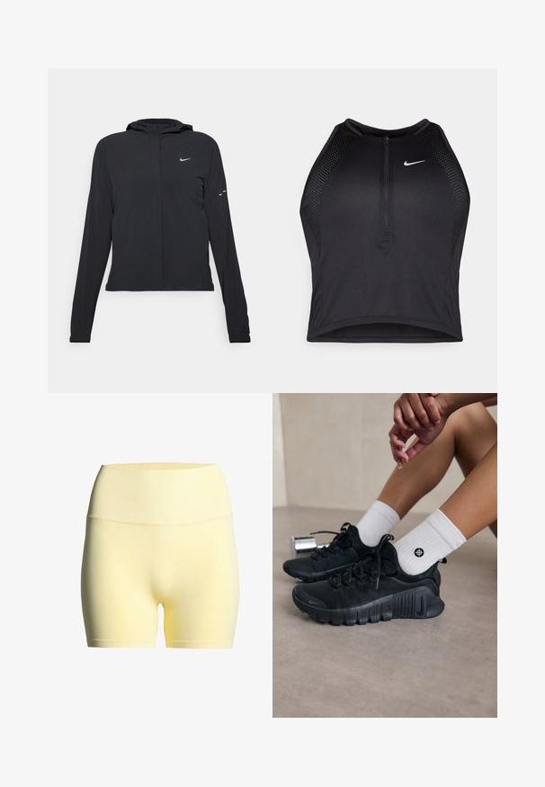 Black hooded jacket with long sleeves, made from lightweight material. Features a front zipper, a Nike logo, and subtle design accents.; Black athletic crop top with a zip-front, mesh accents, and a fitted design. Made from stretchy, breathable fabric. Nike logo on front.; Yellow fabric shorts with a ribbed waistband, featuring a smooth texture and a mid-length design, suitable for activewear or casual wear.; Black athletic shoes with textured fabric, laced design, and a prominent sole, paired with white ribbed socks featuring a small logo.