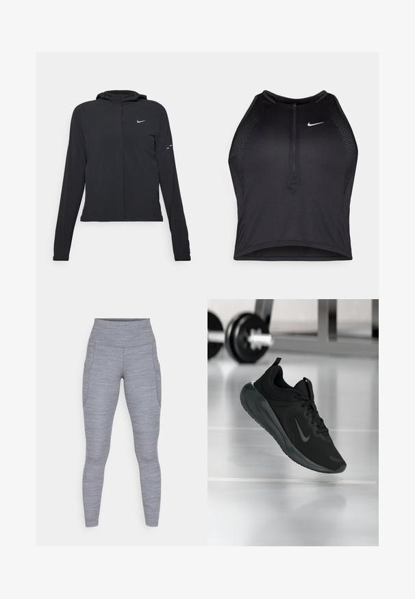 Crna jakna s kapuljačom i dugim rukavima, izrađena od laganog materijala. Ima prednji patentni zatvarač, Nike logo i suptilne dizajnerske detalje.; Crni sportski crop top s patentnim zatvaračem, mrežastim detaljima i prilagođenim dizajnom. Izrađen od rastezljivog, prozračnog materijala. Nike logo na prednjoj strani.; Sive trening hlače izrađene od teksturiranog materijala, s visokim strukom i bočnim džepovima. Dizajn je prilagođen tijelu i aerodinamičan.; Crna sportska tenisica s Nike logotipom, prikazana u zraku na podu teretane, s mutnom stalcem za bučice u pozadini.