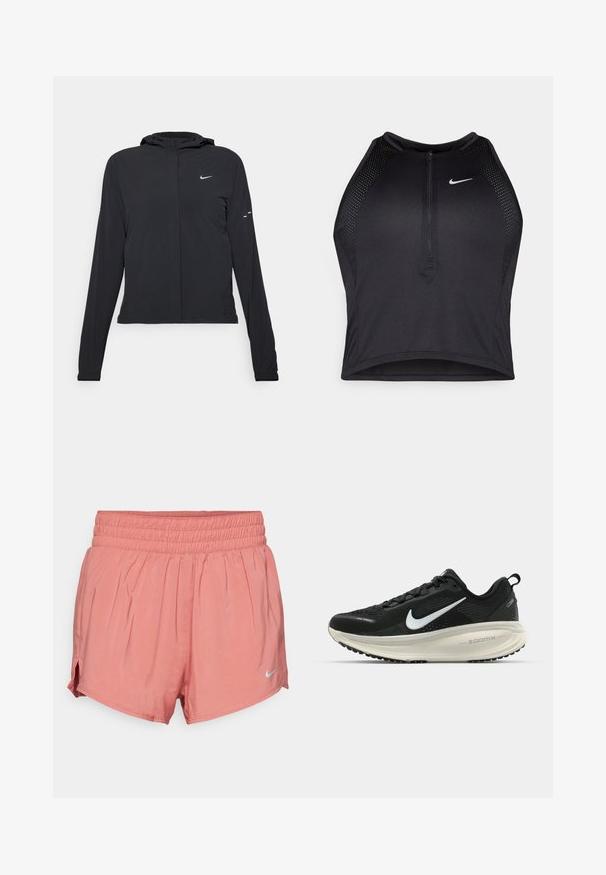 Svart huva jacka med långa ärmar, gjord av lätt material. Har en framdragare, en Nike-logotyp och subtila designelement.; Svart atletisk crop top med dragkedja framtill, nätdetaljer och en figurnära design. Tillverkad av elastiskt, andningsbart material. Nike-logga på framsidan.; Nike Performance ONE SHORT - Träningsshorts - canyon pink/reflective silver; Svart Nike löparsko med andningsbart mesh-ovandel, vit swoosh-logotyp, texturerad detaljering och en krämfärgad ZoomX-mellansula.