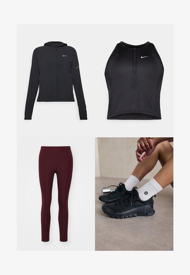Must musta kapuutsiga jakk, millel on pikad varrukad ja mis on valmistatud kergetest materjalidest. Omab esitaskut, Nike logo ja kergelt silmatorkavaid disainiaktsente.; Must negra spordiline crop top, millel on lukk ees, võrgukangast detailid ja vormiv disain. Valmistatud venivast ja hingavast kangast. Nike logo ees.; Bordo leggings, mis elastaanist ning kõrge vöökoht, sujuva tekstuuri ja liibuva siluetiga, ilma mustrite või aksessuaarideta.; Mustad must спортjalatsid tekstuurse kangaga, nöörimise disainiga ja silmapaistva tallaga, koos valgete ribafreeside sokkidega, millel on väike logo.