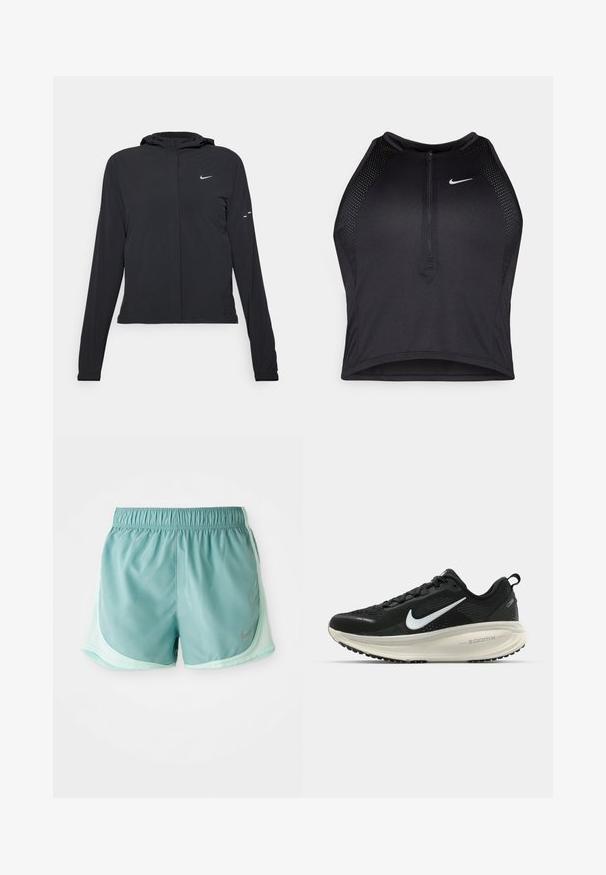 Čierna kapucňová bunda s dlhou rukávou, vyrobená z ľahkého materiálu. Má predný zips, logo Nike a jemné dizajnové akcenty.; Čierny športový crop top so zipsom vpredu, sieťovými prvkami a priliehavým strihom. Vyrobený z pružného, priedušného materiálu. Logo Nike na prednej strane.; Svetlo tyrkysové športové šortky vyrobené z priedušného materiálu, s elastickým pásom a bočnými sieťovými panelmi pre ventiláciu. Strieborný logotyp Nike ako akcent.; Čierne bežecké topánky Nike s priedušnou sieťovinou, bielym logom s symbolom swoosh, textúrovanými detailmi a krémovou ZoomX medzipodrážkou.