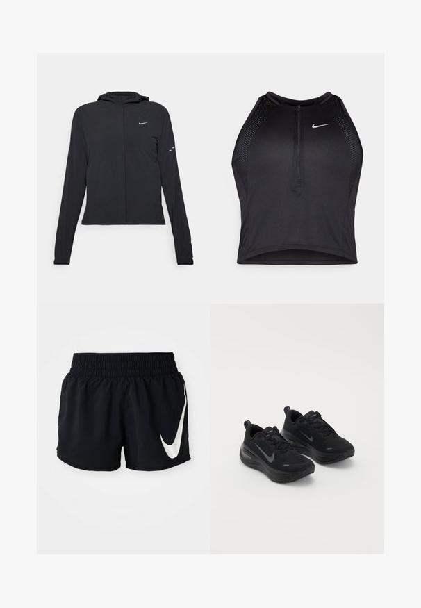 Crna jakna s kapuljačom i dugim rukavima, izrađena od laganog materijala. Ima prednji patentni zatvarač, Nike logo i suptilne dizajnerske detalje.; Crni sportski crop top s patentnim zatvaračem, mrežastim detaljima i prilagođenim dizajnom. Izrađen od rastezljivog, prozračnog materijala. Nike logo na prednjoj strani.; Crne atletske kratke hlače s elastičnom waistbandom, s velikim bijelim Nike logom sprijeda i glatkim, laganim materijalom.; Crne atletske tenisice s teksturiranim gornjim dijelom, pertlanjem i debelim, ublaženim potplatom. Imaju sivi Nike logotip s svake strane.