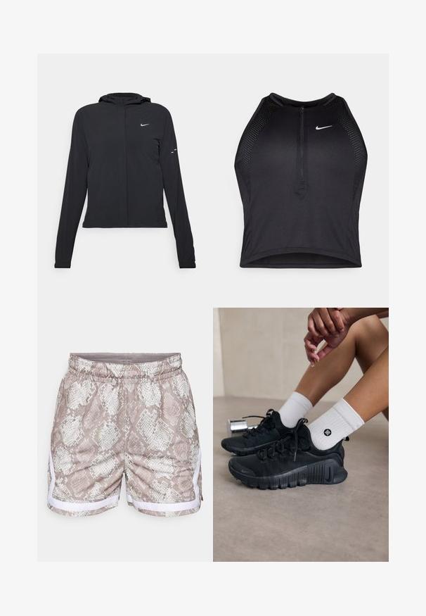 Črna kapuča s dolgimi rokavi, izdelana iz lahkega materiala. Ima sprednji zadrgo, logotip Nike in subtilne oblikovne detajle.; Črn atletski kratki top z zadrgo spredaj, mrežastimi dodatki in prilegajočim dizajnom. Narejen iz raztegljivega, zračnega materiala. Logotip Nike spredaj.; Shorts z vzorom kačjega usnja v bež in beli barvi, z elastičnim pasom in belimi stranskimi poudarki. Gladka tekstura, sproščen način oblikovanja.; Črne športne čevlje z teksturirano tkanino, vezanim dizajnom in izrazitim podplatom, v kombinaciji z belimi rebrastimi nogavicami z majhnim logotipom.