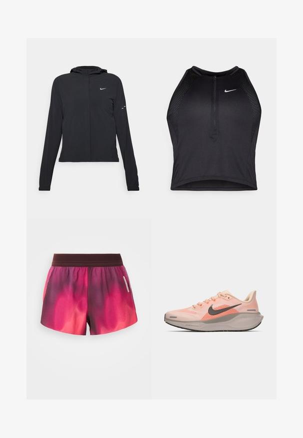 Crna jakna s kapuljačom i dugim rukavima, izrađena od laganog materijala. Ima prednji patentni zatvarač, Nike logo i suptilne dizajnerske detalje.; Crni sportski crop top s patentnim zatvaračem, mrežastim detaljima i prilagođenim dizajnom. Izrađen od rastezljivog, prozračnog materijala. Nike logo na prednjoj strani.; Atletske kratke hlače u ružičastoj i ljubičastoj gradaciji s elastičnom trakom u struku, glatke teksture, i oznakom s strane. Hlače imaju opušteni kroj.; Svijetlo ružičasta trkačka cipela s prozračnom mrežastom gornjom dijelom, tamno siva Nike oznaka, meka srednja potplat i teksturirana crna potplat.