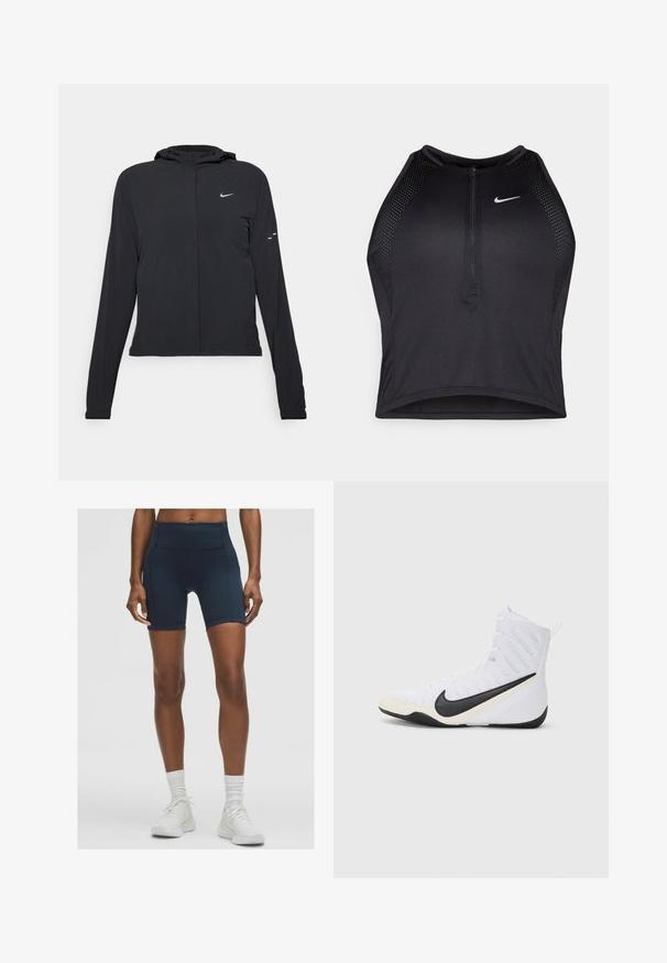 Sort hættetrøje med lange ærmer, lavet af letvægtsmateriale. Har en frontlynlås, et Nike-logo og subtile designaccenter.; Sort sports crop top med lynlås foran, mesh-detaljer og en tætsiddende pasform. Lavet af strækbart, åndbart stof. Nike-logo på forsiden.; Højtaljede navy atletikshorts lavet af strækbart stof, med en glat tekstur og sømdetaljer. Båret med hvide sneakers.; Nike atletik sko i hvid med en sort swoosh. Har et højtopdesign, tekstureret overdel og en holdbar gummisål.