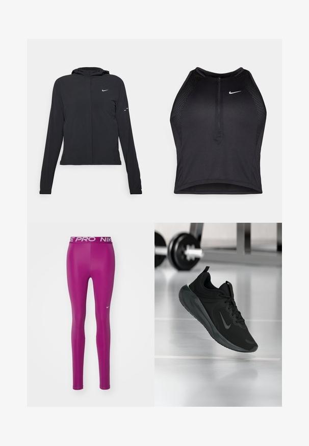 Juodas gobtuvas striukė su ilgomis rankovėmis, pagaminta iš lengvo audinio. Pasižymi priekiniais užtrauktukais, Nike logotipu ir subtiliais dizaino akcentais.; Juodas sportinis trumpas viršus su užtrauktuku priekyje, tinklinėmis detalėmis ir prigludusia forma. Pagamintas iš tamprios, kvėpuojančios medžiagos. Nike logotipas priekyje.; Nike Performance 365 - Tamprės - hot fuchsia/white; Juodas sportinis sportbačiai su Nike logotipu, pavaizduoti ore virš sporto salės grindų, fone išblurinta hantelių laikiklis.