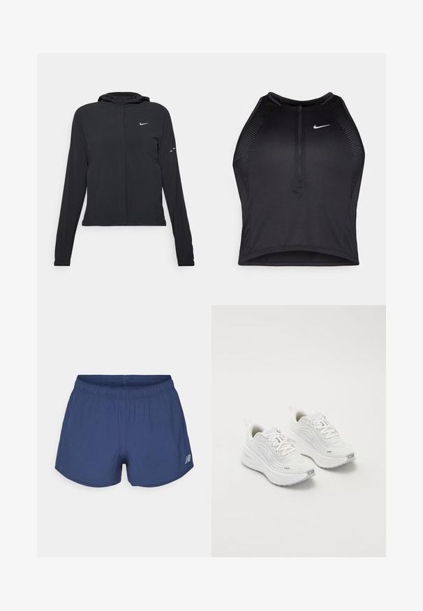 Melnā kapuci jaka ar garām piedurknēm, izgatavota no viegla materiāla. Tam ir priekšējais rāvējslēdzis, Nike logo un smalki dizaina akcenti.; Melnā sportiskā augšdaļa ar rāvējslēdzēju priekšpusē, acs akcenti un pieguloša dizaina. Izgatavota no elastīga, elpojoša auduma. Nike logo priekšpusē.; Tumš zilas sporta šortus ar elastīgu jostasvietu un mazu New Balance logotipu apakšējā kreisajā stūrī.; Baltas sporta apavi ar teksturētu sieta augšdaļu, mīkstinātu zoli un smalkiem pelēkiem akcentiem. Iekļauj zīmolu un cilpu papēža cilpu vieglai uzvilkšanai.
