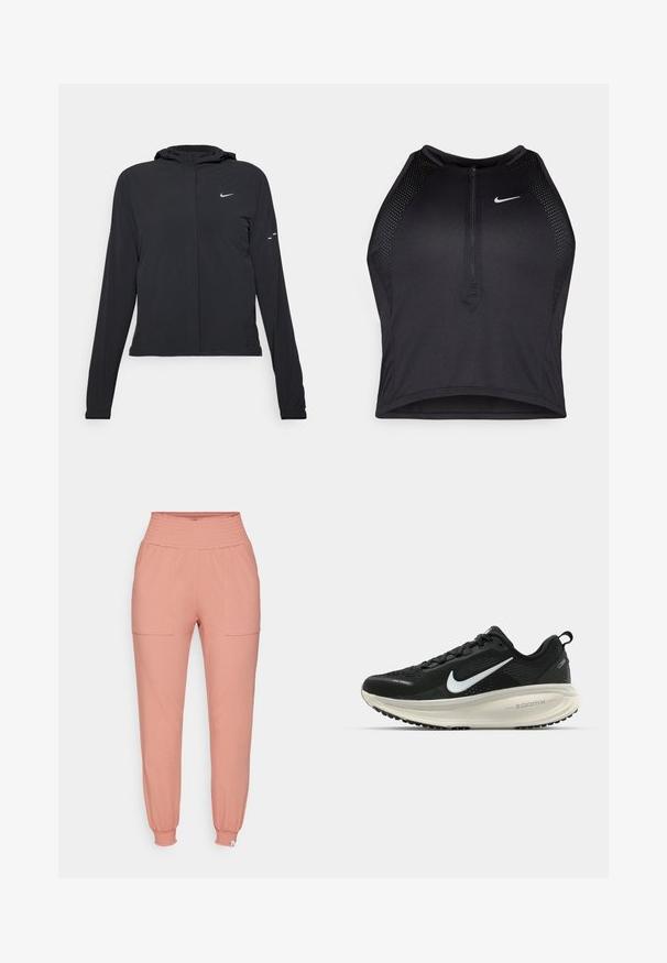 Černá kapucňová bunda s dlouhými rukávy, vyrobená z lehkého materiálu. Obsahuje přední zip, logo Nike a decentní designové akcenty.; Černý sportovní crop top se zipem vpředu, síťovými detaily a přiléhavým střihem. Vyrobený z elastického, prodyšného materiálu. Logo Nike na přední straně.; Růžové tepláky vyrobené z měkkého materiálu. Mají řasený pas, dvě přední kapsy a zúžené manžety u kotníků.; Černá běžecká obuv Nike s prodyšným síťovaným svrškem, bílým logem swoosh, texturovanými detaily a krémovou mezipodešví ZoomX.