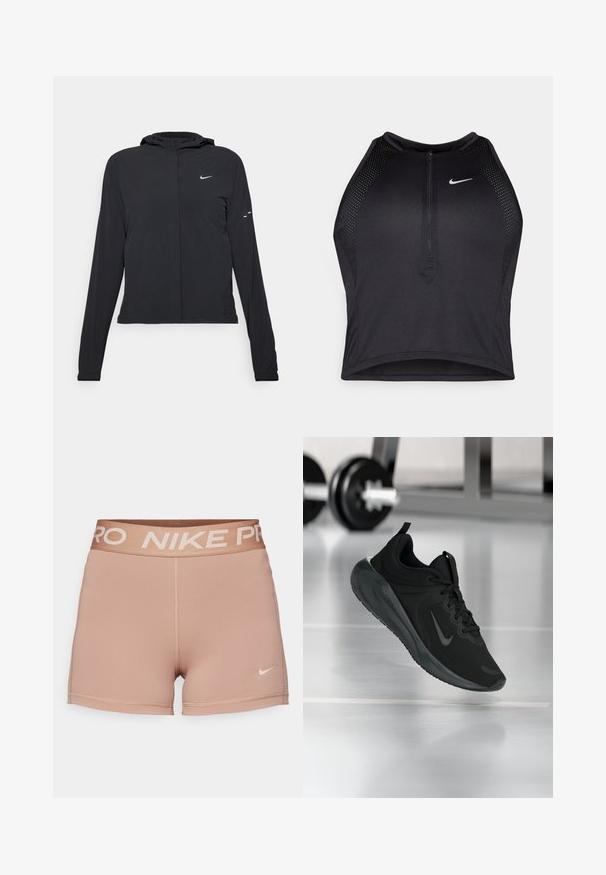 Black hooded jacket with long sleeves, made from lightweight material. Features a front zipper, a Nike logo, and subtle design accents.; Black athletic crop top with a zip-front, mesh accents, and a fitted design. Made from stretchy, breathable fabric. Nike logo on front.; Nike Pro shorts, light tan, elastic waistband with "NIKE PRO" in beige, smooth textured fabric, fitted design, minimal stitching detail.; Black sports sneaker with Nike logo, shown mid-air on gym floor, with blurred dumbbell rack in background.