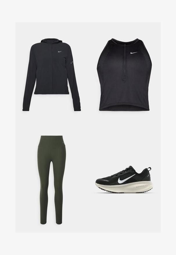 Fekete kapucnis dzseki hosszú ujjakkal, könnyű anyagból készült. Elülső cipzárral, Nike logóval és diszkrét dizájn elemekkel rendelkezik.; Fekete sportos crop top, elöl cipzárral, hálós kiegészítőkkel és testhez álló kialakítással. Rugalmas, lélegző anyagból készült. Nike logó elöl.; Nike Performance ZENVY HR 7/8 - Leggingek - cargo khaki/black; Fekete Nike futócipő légáteresztő hálós felsőrésszel, fehér Swoosh logóval, textúrázott részletekkel és krém színű ZoomX középtalppal.
