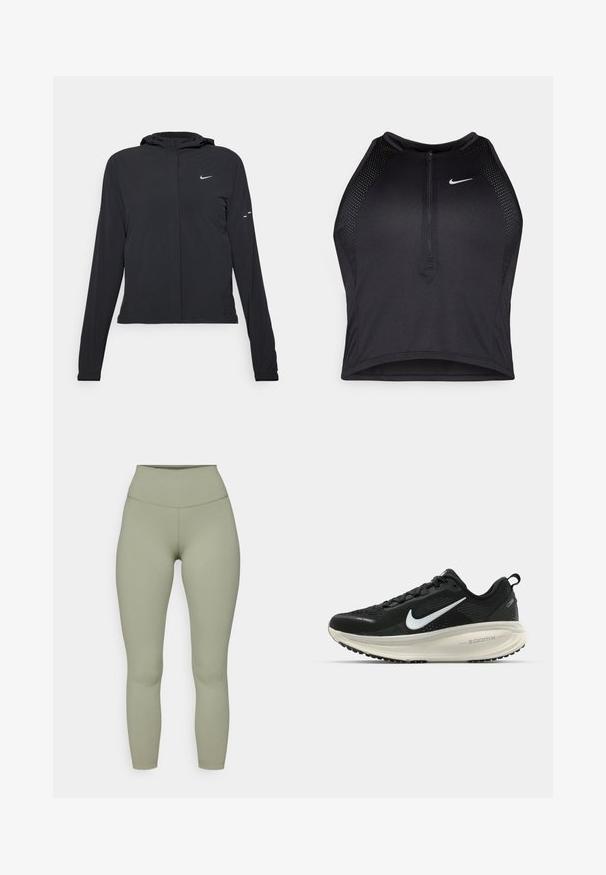Casaco preto com capuz e mangas longas, feito de material leve. Apresenta um fecho dourado na frente, um logótipo da Nike e detalhes de design subtis.; Top cropped atlético preto com fecho à frente, acentos em malha e um design ajustado. Feito de tecido elástico e respirável. Logótipo da Nike na frente.; Leggings de cintura alta e ajustados, em um tecido verde-azeitona suave. Textura lisa com costuras reforçadas e sem padrões ou detalhes visíveis.; Sapatilha de corrida Nike preta com parte superior de malha respirável, logotipo Swoosh branco, detalhes texturizados e uma entressola ZoomX na cor creme.