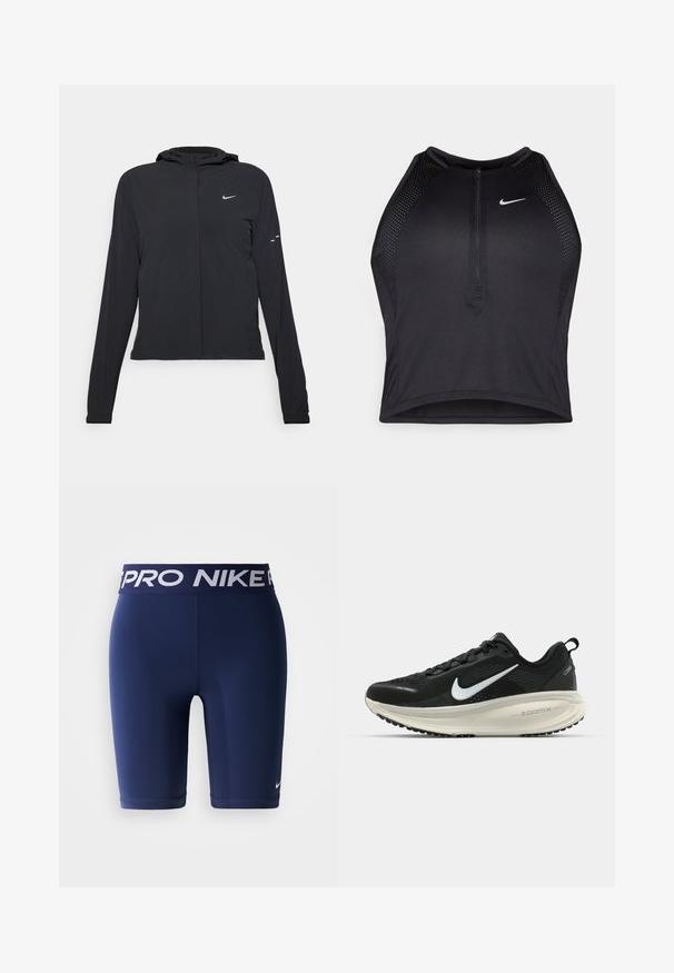 Černá kapucňová bunda s dlouhými rukávy, vyrobená z lehkého materiálu. Obsahuje přední zip, logo Nike a decentní designové akcenty.; Černý sportovní crop top se zipem vpředu, síťovými detaily a přiléhavým střihem. Vyrobený z elastického, prodyšného materiálu. Logo Nike na přední straně.; Námořnické modré kompresní šortky Nike Pro s elastickým pasem, které mají bílé značkování Nike Pro a malé bílé logo Nike swoosh na nohavici.; Černá běžecká obuv Nike s prodyšným síťovaným svrškem, bílým logem swoosh, texturovanými detaily a krémovou mezipodešví ZoomX.
