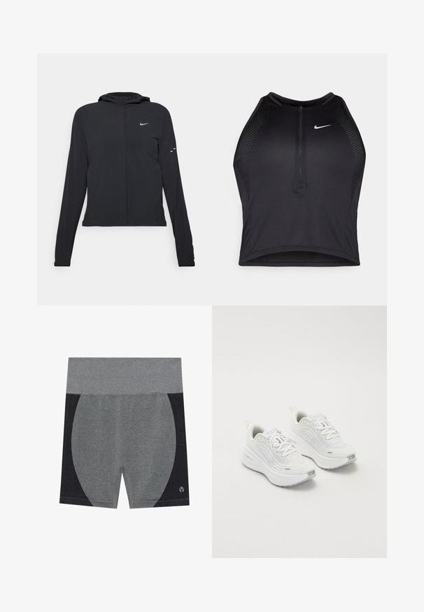 Must musta kapuutsiga jakk, millel on pikad varrukad ja mis on valmistatud kergetest materjalidest. Omab esitaskut, Nike logo ja kergelt silmatorkavaid disainiaktsente.; Must negra spordiline crop top, millel on lukk ees, võrgukangast detailid ja vormiv disain. Valmistatud venivast ja hingavast kangast. Nike logo ees.; Hallid hallid spordilühikesed püksid, millel on lai elastne vöökoht. Omavad tekstuurset musta küljepaneeli ja logo allosas paremal. Sile materjal.; Valged spordijalatsid, millel on tekstureeritud võrkkangas üst, pehme tallaga ja peened hallid aktsendid. Kaasas bränding ja aasaga kannaaken mugavaks selga panemiseks.