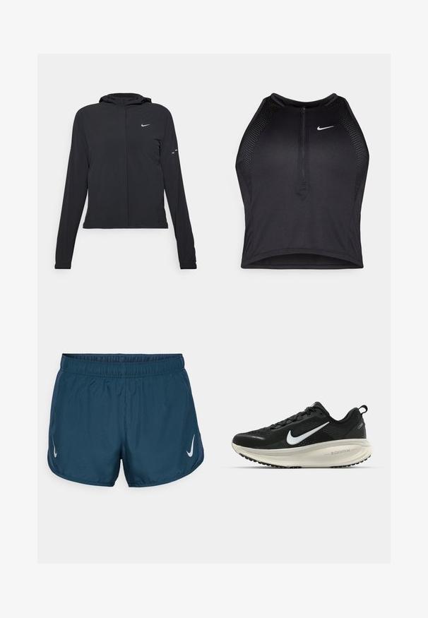 Must musta kapuutsiga jakk, millel on pikad varrukad ja mis on valmistatud kergetest materjalidest. Omab esitaskut, Nike logo ja kergelt silmatorkavaid disainiaktsente.; Must negra spordiline crop top, millel on lukk ees, võrgukangast detailid ja vormiv disain. Valmistatud venivast ja hingavast kangast. Nike logo ees.; Nike Performance FAST TEMPO SHORT - Spordišortsid - armory navy/silver; Musthave mustus Nike jooksujalats, millel on hingav võrgust ülemine osa, valge swoosh logo, tekstuuriga detailid ja kreemja värvusega ZoomX vahevöö.
