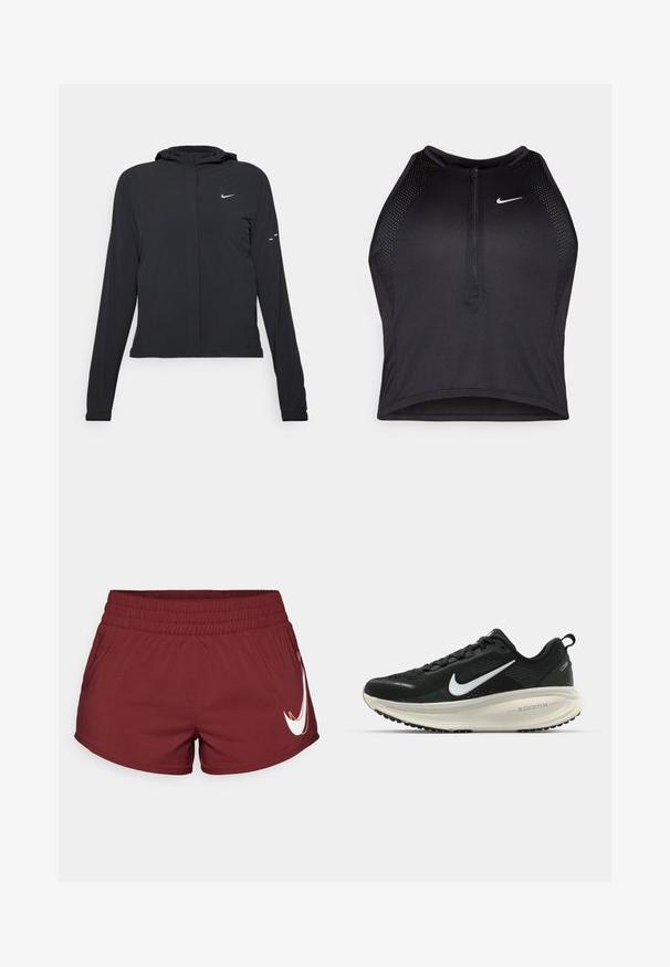 Svart hettegenser med lange ermer, laget av lett materiale. Har glidelås foran, Nike-logo og subtile design detaljer.; Svart idretts crop top med glidelås foran, mesh-detaljer og en figurvennlig design. Laget av elastisk, pustende materiale. Nike-logo på forsiden.; Burgunderfargede treningsshorts med elastisk livlinje, sidelommer og en hvit Nike-swoosh-logo nederst til høyre. Glatt stofftekstur.; Svart Nike løpesko med pustende mesh-overdel, hvit swoosh-logo, teksturert detaljer og en kremfarget ZoomX mellomsåle.