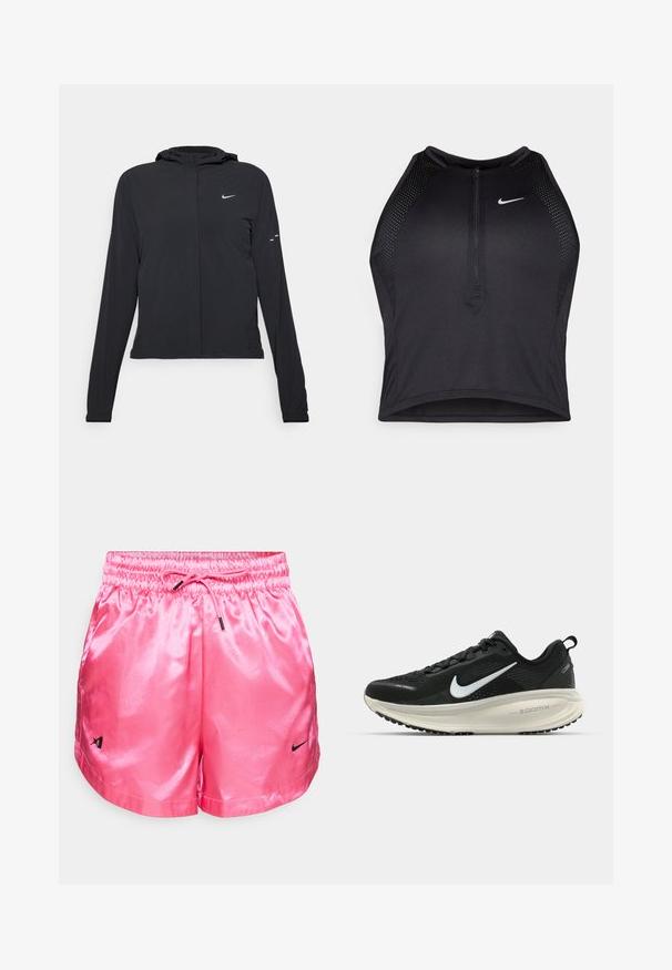 Chaqueta negra con capucha y mangas largas, hecha de un material ligero. Presenta un cierre frontal, un logo de Nike y acentos de diseño sutiles.; Top corto deportivo negro con cremallera frontal, detalles de malla y un diseño ajustado. Fabricado con tejido elástico y transpirable. Logo de Nike en la parte frontal.; Pantalones cortos de satén rosa con cintura elástica y cordón. Presenta el logo negro de Nike en el lado izquierdo. Textura suave y diseño casual.; Zapatilla de running Nike negra con parte superior de malla transpirable, logo Swoosh blanco, detalles texturizados y una entresuela ZoomX de color crema.