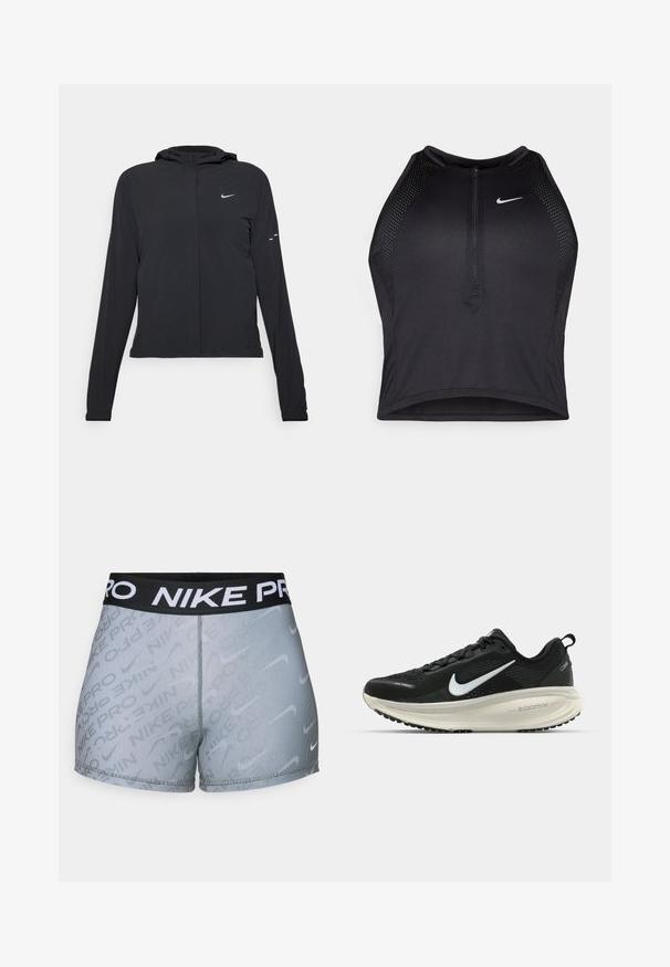 Must musta kapuutsiga jakk, millel on pikad varrukad ja mis on valmistatud kergetest materjalidest. Omab esitaskut, Nike logo ja kergelt silmatorkavaid disainiaktsente.; Must negra spordiline crop top, millel on lukk ees, võrgukangast detailid ja vormiv disain. Valmistatud venivast ja hingavast kangast. Nike logo ees.; Nike Pro lühikesed püksid, millel on must elastne vöökoht valge "NIKE PRO" tekstiga, hall triibuline muster ja slim-fit väljaanne.; Musthave mustus Nike jooksujalats, millel on hingav võrgust ülemine osa, valge swoosh logo, tekstuuriga detailid ja kreemja värvusega ZoomX vahevöö.