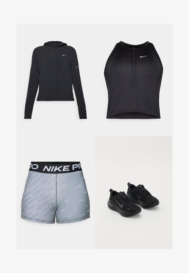 Jachetă neagră cu glugă, cu mâneci lungi, fabricată din material ușor. Dispune de un fermoar frontal, un logo Nike și accente de design subtile.; Top sportiv black, cu croială scurtă, cu fermoar în față, accente din plasă și un design ajustat. Fabricat dintr-un material elastic și respirabil. Logo-ul Nike pe față.; Shorts Nike Pro cu un brâu elastic negru, cu text alb "NIKE PRO", model cu dungi gri și un design slim-fit.; Pantofi sport negri, cu un brâu texturat, design cu șireturi și talpă groasă, căptușită. Prezintă un logo Nike gri pe fiecare parte.