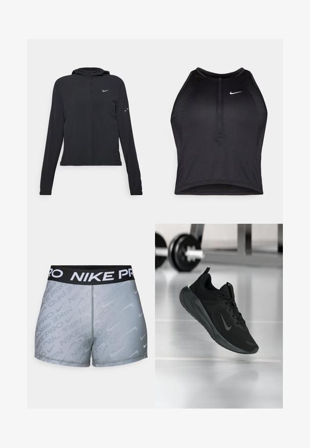 Must musta kapuutsiga jakk, millel on pikad varrukad ja mis on valmistatud kergetest materjalidest. Omab esitaskut, Nike logo ja kergelt silmatorkavaid disainiaktsente.; Must negra spordiline crop top, millel on lukk ees, võrgukangast detailid ja vormiv disain. Valmistatud venivast ja hingavast kangast. Nike logo ees.; Nike Pro lühikesed püksid, millel on must elastne vöökoht valge "NIKE PRO" tekstiga, hall triibuline muster ja slim-fit väljaanne.; Mustad mustang spordijalatsid Nike logo'ga, õhus spordisaali põrandal, häguste hantlite riiulitega taustal.