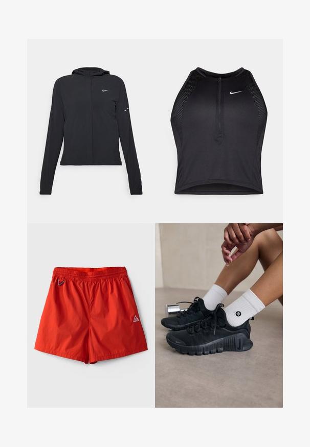 Jachetă neagră cu glugă, cu mâneci lungi, fabricată din material ușor. Dispune de un fermoar frontal, un logo Nike și accente de design subtile.; Top sportiv black, cu croială scurtă, cu fermoar în față, accente din plasă și un design ajustat. Fabricat dintr-un material elastic și respirabil. Logo-ul Nike pe față.; Șorturi de baie ușoare, roșii, cu talie elastică, șnur integrat și un mic logo pe colțul din dreapta jos.; Pantofi sport negri din material texturat, cu un design cu sireturi și o talpă proeminentă, asortați cu șosete albe cu model cu nervuri, având un mic logo.