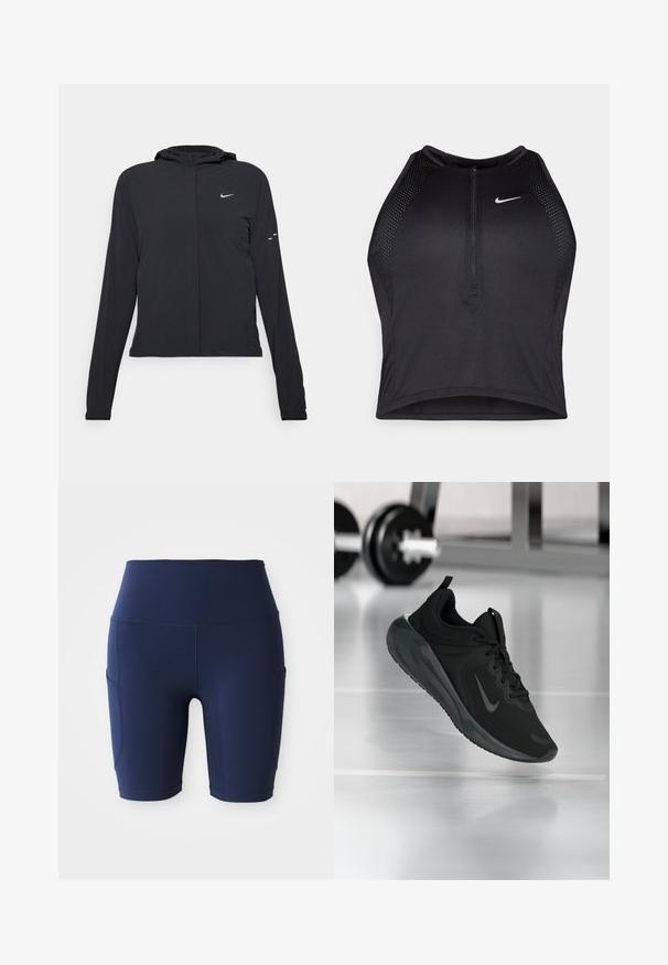 Crna jakna s kapuljačom i dugim rukavima, izrađena od laganog materijala. Ima prednji patentni zatvarač, Nike logo i suptilne dizajnerske detalje.; Crni sportski crop top s patentnim zatvaračem, mrežastim detaljima i prilagođenim dizajnom. Izrađen od rastezljivog, prozračnog materijala. Nike logo na prednjoj strani.; Tamno plave biciklističke kratke hlače visokog struka izrađene od rastezljivog, glatkog materijala; s bočnim džepovima i prilagođenim dizajnom.; Crna sportska tenisica s Nike logotipom, prikazana u zraku na podu teretane, s mutnom stalcem za bučice u pozadini.