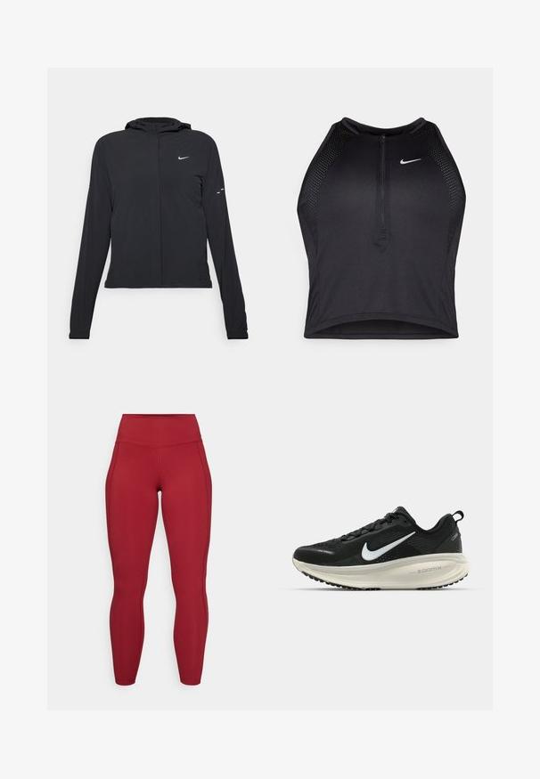 Zwarte kaptrui met lange mouwen, gemaakt van lichtgewicht materiaal. Voorzien van een ritssluiting aan de voorkant, een Nike-logo en subtiele ontwerpelementen.; Zwarte atletische crop top met een rits aan de voorkant, mesh accenten en een aansluitend ontwerp. Gemaakt van rekbare, ademende stof. Nike-logo aan de voorkant.; Rode legging met een hoge tailleband, gemaakt van soepel materiaal. Kenmerken zijn onder andere zijna seams en een getailleerd ontwerp. Geen opvallende patronen of accenten.; Zwarte Nike hardloopschoen met ademend mesh bovenwerk, witte swoosh-logo, gestructureerde details en een crèmekleurige ZoomX middenzool.