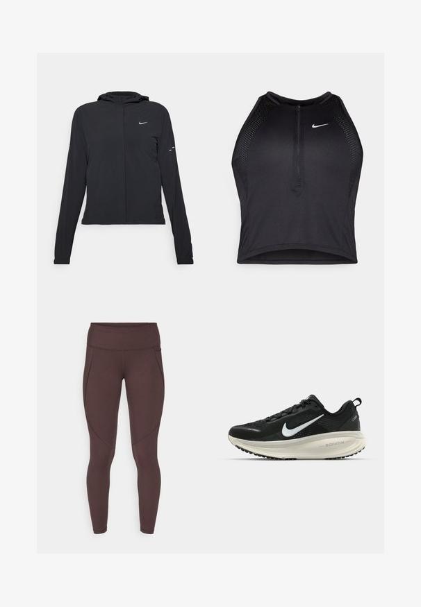 Melnā kapuci jaka ar garām piedurknēm, izgatavota no viegla materiāla. Tam ir priekšējais rāvējslēdzis, Nike logo un smalki dizaina akcenti.; Melnā sportiskā augšdaļa ar rāvējslēdzēju priekšpusē, acs akcenti un pieguloša dizaina. Izgatavota no elastīga, elpojoša auduma. Nike logo priekšpusē.; Brūnas augstuējo zeķbikses ar gludu tekstūru, ar izsmalcinātām šuvju detaļām un pieguļošu dizainu, kas nodrošina komfortu un elastību.; Melnas Nike skriešanas kurpes ar elpojošu acs augšdaļu, baltu Swoosh logotipu, strukturētu apdari un krēmkrāsas ZoomX starpsole.