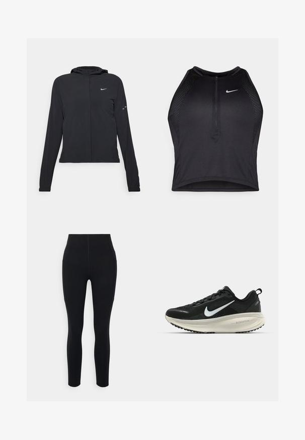 Fekete kapucnis dzseki hosszú ujjakkal, könnyű anyagból készült. Elülső cipzárral, Nike logóval és diszkrét dizájn elemekkel rendelkezik.; Fekete sportos crop top, elöl cipzárral, hálós kiegészítőkkel és testhez álló kialakítással. Rugalmas, lélegző anyagból készült. Nike logó elöl.; Fekete, magas derekú leggings, rugalmas anyagból, oldalsó zsebekkel és sima varrásokkal a letisztult megjelenésért.; Fekete Nike futócipő légáteresztő hálós felsőrésszel, fehér Swoosh logóval, textúrázott részletekkel és krém színű ZoomX középtalppal.