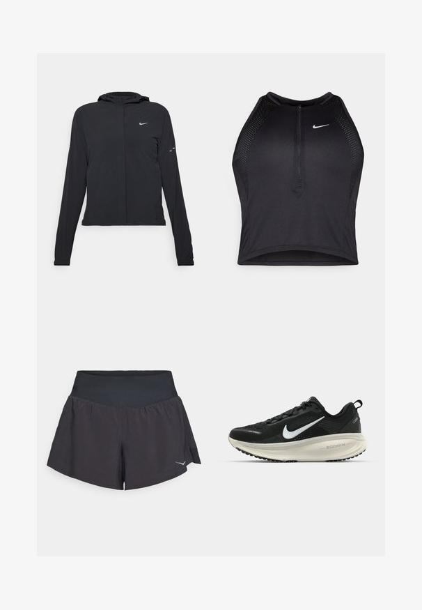 Schwarze Kapuzenjacke mit langen Ärmeln, aus leichtem Material gefertigt. Sie hat einen vorderen Reißverschluss, ein Nike-Logo und dezente Designelemente.; Schwarzes sportliches Crop-Top mit Reißverschluss vorne, Netz-Akzenten und figurnaher Passform. Hergestellt aus dehnbarem, atmungsaktivem Material. Nike-Logo auf der Vorderseite.; Schwarze Sportshorts mit einem breiten, glatten Bund. Sie haben ein ausgestelltes Design und ein reflektierendes Logo-Detail auf der unteren rechten Seite.; Schwarzer Nike-Laufschuh mit atmungsaktivem Mesh-Obermaterial, weißem Swoosh-Logo, strukturierten Details und einer cremefarbenen ZoomX-Zwischensohle.