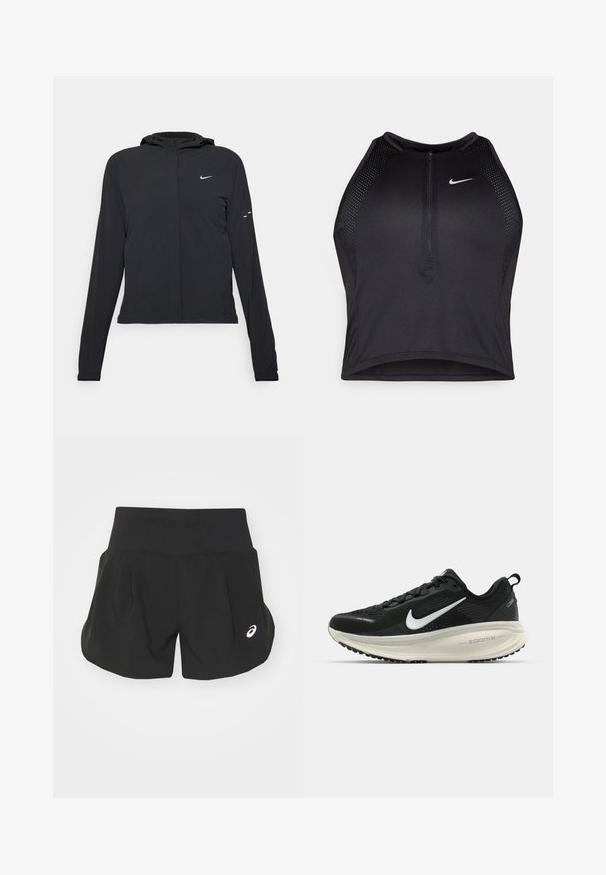 Černá kapucňová bunda s dlouhými rukávy, vyrobená z lehkého materiálu. Obsahuje přední zip, logo Nike a decentní designové akcenty.; Černý sportovní crop top se zipem vpředu, síťovými detaily a přiléhavým střihem. Vyrobený z elastického, prodyšného materiálu. Logo Nike na přední straně.; Černé sportovní šortky se širokým pasem, sklady a malým bílým logem na dolní levé straně. Měkký, lehký materiál.; Černá běžecká obuv Nike s prodyšným síťovaným svrškem, bílým logem swoosh, texturovanými detaily a krémovou mezipodešví ZoomX.