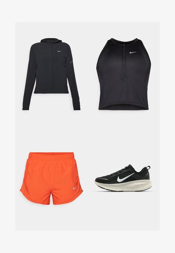 Casaco preto com capuz e mangas longas, feito de material leve. Apresenta um fecho dourado na frente, um logótipo da Nike e detalhes de design subtis.; Top cropped atlético preto com fecho à frente, acentos em malha e um design ajustado. Feito de tecido elástico e respirável. Logótipo da Nike na frente.; Calções atléticos laranja feitos de material leve, com um cós elástico e um pequeno logótipo refletor da Nike no canto inferior esquerdo.; Sapatilha de corrida Nike preta com parte superior de malha respirável, logotipo Swoosh branco, detalhes texturizados e uma entressola ZoomX na cor creme.