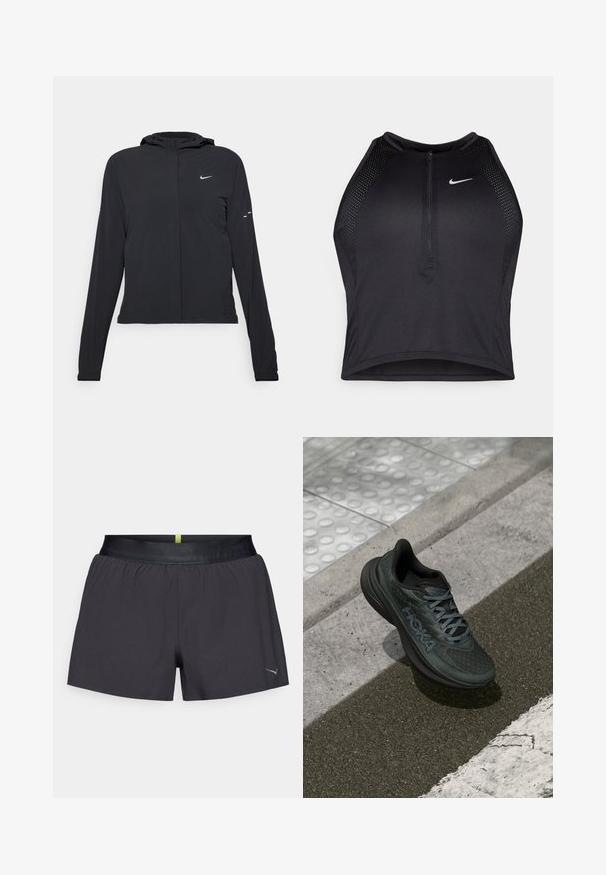 Chaqueta negra con capucha y mangas largas, hecha de un material ligero. Presenta un cierre frontal, un logo de Nike y acentos de diseño sutiles.; Top corto deportivo negro con cremallera frontal, detalles de malla y un diseño ajustado. Fabricado con tejido elástico y transpirable. Logo de Nike en la parte frontal.; Pantalones cortos deportivos negros con una cinturilla elástica y un sutil acento verde en la parte posterior. Fabricados con tejido ligero, presentan un logo en el dobladillo.; Zapatilla de correr negra con parte superior de malla, acentos texturizados y logotipo, que presenta una suela acolchada y cordones grises, situada sobre el pavimento.