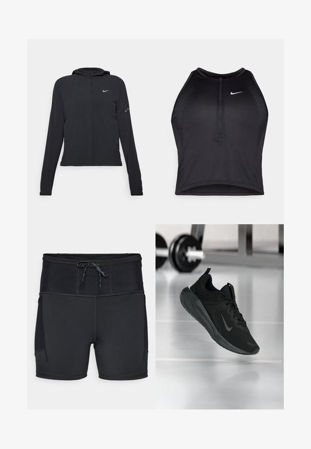Crna jakna s kapuljačom i dugim rukavima, izrađena od laganog materijala. Ima prednji patentni zatvarač, Nike logo i suptilne dizajnerske detalje.; Crni sportski crop top s patentnim zatvaračem, mrežastim detaljima i prilagođenim dizajnom. Izrađen od rastezljivog, prozračnog materijala. Nike logo na prednjoj strani.; Crne sportske kratke hlače s visokim pojasom, teksturiranim gornjim dijelom i vezicom. Sadrže ravne šavove i bočne džepove.; Crna sportska tenisica s Nike logotipom, prikazana u zraku na podu teretane, s mutnom stalcem za bučice u pozadini.