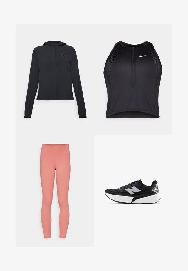 Mustassa hupparissa on pitkät hihat, ja se on valmistettu kevyestä materiaalista. Siinä on edessä vetoketju, Nike-logo ja hillityt muotoiluyksityiskohdat.; Musta urheilullinen crop-top, jossa on vetoketjukiinnitys, verkkokankaiset yksityiskohdat ja istuva malli. Valmistettu joustavasta ja hengittävästä kankaasta. Nike-logo edessä.; Vaaleanpunaiset venyvät legginsit, joissa on korkea vyötärö, sileä pinta ja minimaalinen ommel. Säären lähellä on pieni Nike-logo.; Mustat ja valkoiset New Balance -juoksukengät, joissa on paksu pohja, verkkomateriaali päällä ja "N"-logo sivulla, nähtynä ulkopuolelta.