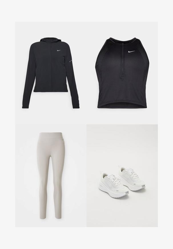 Svart hettegenser med lange ermer, laget av lett materiale. Har glidelås foran, Nike-logo og subtile design detaljer.; Svart idretts crop top med glidelås foran, mesh-detaljer og en figurvennlig design. Laget av elastisk, pustende materiale. Nike-logo på forsiden.; Beige høyt liv leggings laget av elastisk stoff, med en formtilpasset design og jevn tekstur, med en liten logo på livet.; Hvite joggesko med et teksturert mesh-overdel, polstret såle og subtile grå aksenter. Inkluderer merkevare og løkke på hælen for enkel påkledning.