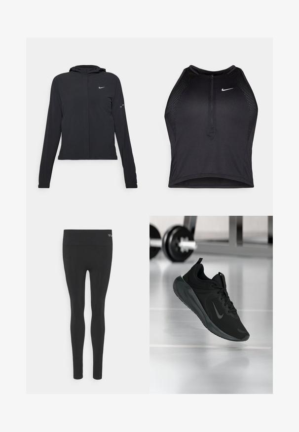 Czarna kurtka z kapturem, z długimi rękawami, wykonana z lekkiego materiału. Posiada zamek błyskawiczny z przodu, logo Nike oraz subtelne akcenty wzornicze.; Czarny sportowy crop top z zamkiem z przodu, z siateczkowymi akcentami i dopasowanym krojem. Wykonany z elastycznego, oddychającego materiału. Logo Nike z przodu.; Czarne legginsy z szerokim pasem, wykonane z gładkiego, elastycznego materiału. Dopasowany krój, bez zdobień czy wzorów.; Czarny sportowy sneaker z logo Nike, pokazany w powietrzu na podłodze siłowni, z rozmytym regałem z hantlami w tle.
