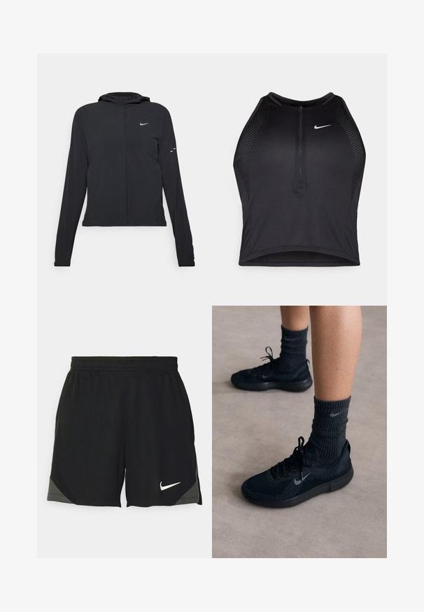 Veste à capuche noire avec des manches longues, fabriquée en matériau léger. Elle comporte une fermeture éclair à l'avant, un logo Nike et des accents de design subtils.; Crop top sportif noir avec fermeture éclair à l'avant, accents en mesh et design ajusté. Fabriqué en tissu extensible et respirant. Logo Nike à l'avant.; Shorts de sport noirs en tissu léger, présentant un motif texturé, une taille élastique et un logo Nike blanc en bas.; Baskets Nike noires avec un dessus en tricot texturé, présentant un logo swoosh gris, accompagnées de chaussettes côtelées foncées. Semelle en caoutchouc plate.