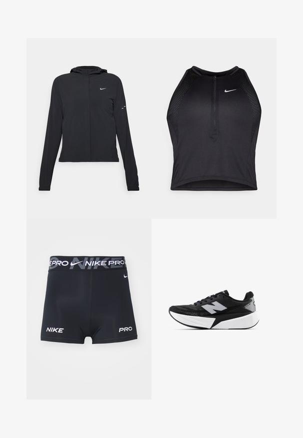 Chaqueta negra con capucha y mangas largas, hecha de un material ligero. Presenta un cierre frontal, un logo de Nike y acentos de diseño sutiles.; Top corto deportivo negro con cremallera frontal, detalles de malla y un diseño ajustado. Fabricado con tejido elástico y transpirable. Logo de Nike en la parte frontal.; Nike Performance SHORT - Leggings - black/iron grey/white; Zapatilla de running New Balance en blanco y negro con suela gruesa, parte superior de malla y logo "N" en el lateral, vista desde el lado exterior.
