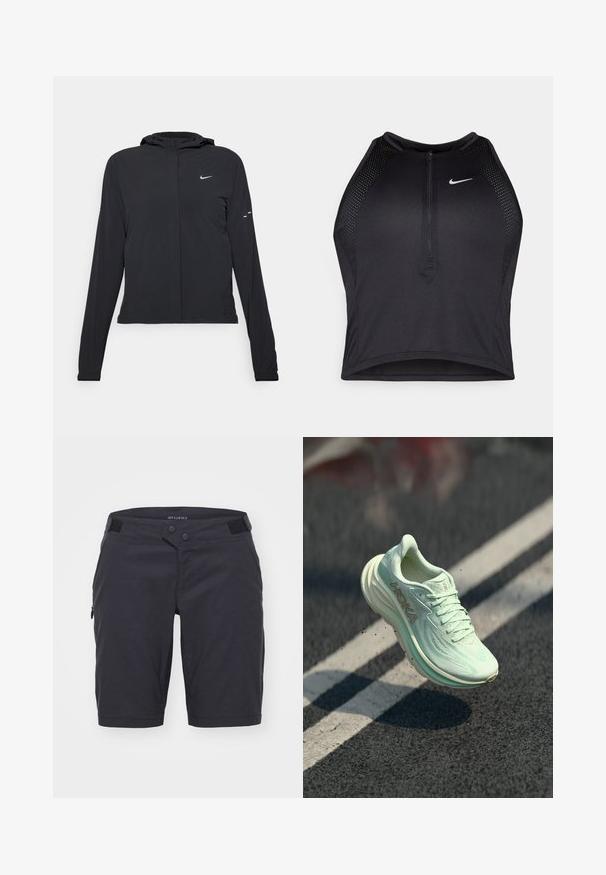 Melnā kapuci jaka ar garām piedurknēm, izgatavota no viegla materiāla. Tam ir priekšējais rāvējslēdzis, Nike logo un smalki dizaina akcenti.; Melnā sportiskā augšdaļa ar rāvējslēdzēju priekšpusē, acs akcenti un pieguloša dizaina. Izgatavota no elastīga, elpojoša auduma. Nike logo priekšpusē.; Tumši pelēki šorti, kas izgatavoti no viegla auduma. Satur divas pogas jostā, kabatu ar rāvējslēdzēju sānos un gludu tekstūru.; HOKA skriešanas apavi gaiši piparmētru zaļā krāsā, ar teksturētu masu augšdaļu, noapaļotu purngalu, mīkstu zoli un izteiksmīgu zīmolu sānos.