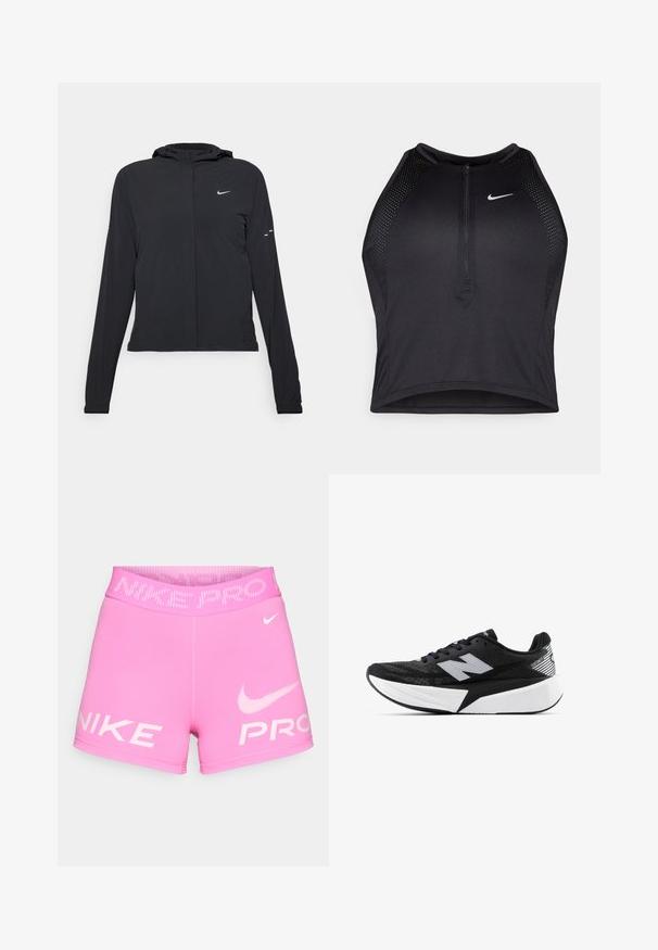 Must musta kapuutsiga jakk, millel on pikad varrukad ja mis on valmistatud kergetest materjalidest. Omab esitaskut, Nike logo ja kergelt silmatorkavaid disainiaktsente.; Must negra spordiline crop top, millel on lukk ees, võrgukangast detailid ja vormiv disain. Valmistatud venivast ja hingavast kangast. Nike logo ees.; Nike Pro roosad sportlikud lühikesed püksid, millel on kõrge elastne vöökoht, valge logotekst ja sile, veniv materjal.; Mustvalge New Balance jooksujalats, millel on paks tallar ja võrkkangast ülemine osa, ning külgvaates on näha ka „N” logo.