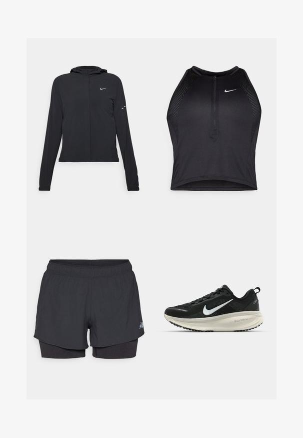 Fekete kapucnis dzseki hosszú ujjakkal, könnyű anyagból készült. Elülső cipzárral, Nike logóval és diszkrét dizájn elemekkel rendelkezik.; Fekete sportos crop top, elöl cipzárral, hálós kiegészítőkkel és testhez álló kialakítással. Rugalmas, lélegző anyagból készült. Nike logó elöl.; Fekete sportnadrág belső béléssel, rugalmas derékkal, sima felszínnel és fényvisszaverő logóval az oldalon.; Fekete Nike futócipő légáteresztő hálós felsőrésszel, fehér Swoosh logóval, textúrázott részletekkel és krém színű ZoomX középtalppal.