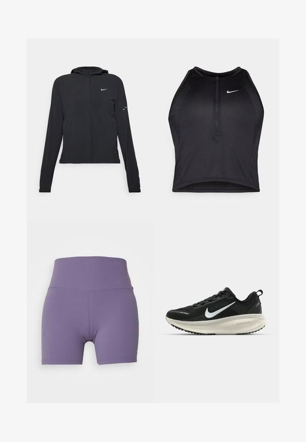 Juodas gobtuvas striukė su ilgomis rankovėmis, pagaminta iš lengvo audinio. Pasižymi priekiniais užtrauktukais, Nike logotipu ir subtiliais dizaino akcentais.; Juodas sportinis trumpas viršus su užtrauktuku priekyje, tinklinėmis detalėmis ir prigludusia forma. Pagamintas iš tamprios, kvėpuojančios medžiagos. Nike logotipas priekyje.; Nike Performance ONE SHORT - Tamprės - daybreak/black; Juodas Nike sportinis batelis su kvėpuojančiu tinklu, baltu swoosh logotipu, tekstūruoto dizaino detalėmis ir grietinėlės spalvos ZoomX viduriu.