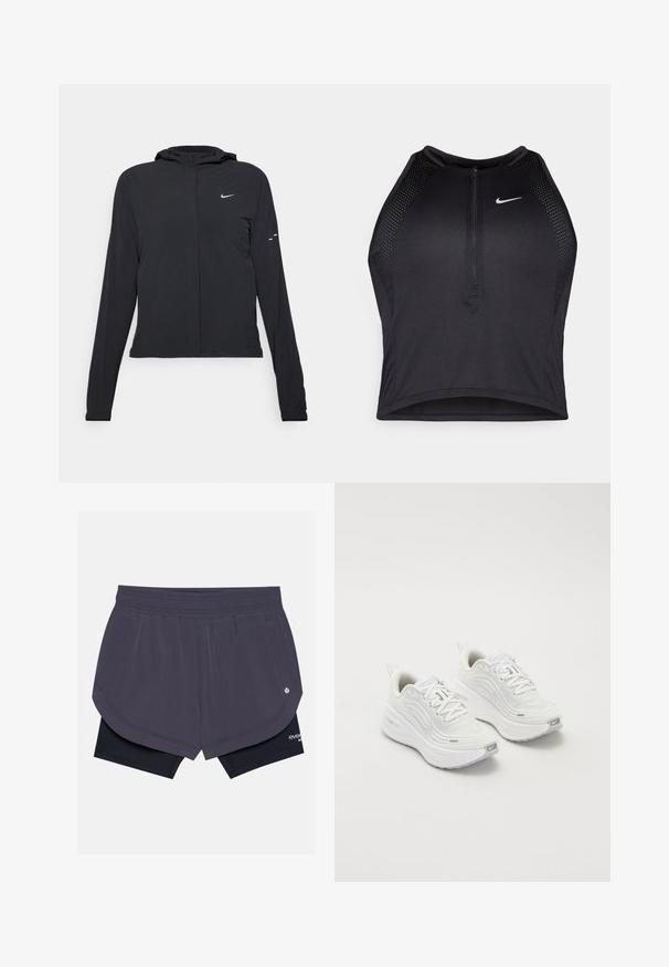 Juodas gobtuvas striukė su ilgomis rankovėmis, pagaminta iš lengvo audinio. Pasižymi priekiniais užtrauktukais, Nike logotipu ir subtiliais dizaino akcentais.; Juodas sportinis trumpas viršus su užtrauktuku priekyje, tinklinėmis detalėmis ir prigludusia forma. Pagamintas iš tamprios, kvėpuojančios medžiagos. Nike logotipas priekyje.; Tamsiai violetinės bėgimo šortai su sluoksniuota dizainu, juodais vidiniais šortais, elastiniu juosmeniu ir šoninėmis kišenėmis.; Baltieji sportiniai batai su tekstūruota tinklelio viršutine dalimi, paminkštintu padu ir subtiliais pilkais akcentais. Yra prekės ženklas ir kilpa kulne, skirta lengvam užsidėjimui.