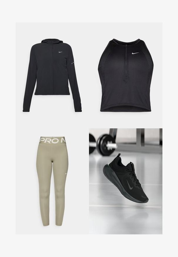 Fekete kapucnis dzseki hosszú ujjakkal, könnyű anyagból készült. Elülső cipzárral, Nike logóval és diszkrét dizájn elemekkel rendelkezik.; Fekete sportos crop top, elöl cipzárral, hálós kiegészítőkkel és testhez álló kialakítással. Rugalmas, lélegző anyagból készült. Nike logó elöl.; Olíva zöld sport leggings széles fehér derékpánttal, melyen "PRO" felirat található, és a bal alsó sarokban egy kis fehér Nike logo látható.; Fekete sportcipő Nike logóval, amely a levegőben látható az edzőterem padlóján, a háttérben elmosódott kézi súlyzó állvánnyal.
