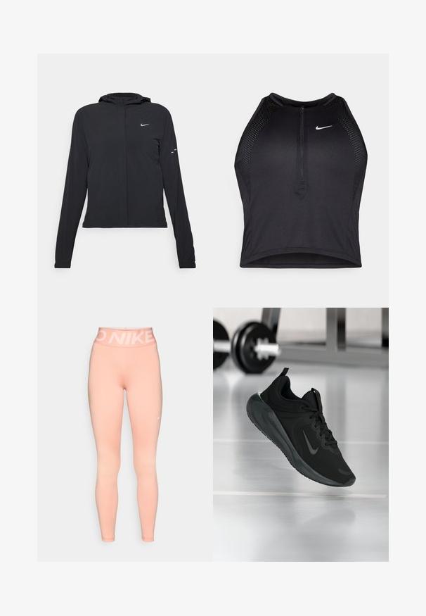 Crna jakna s kapuljačom i dugim rukavima, izrađena od laganog materijala. Ima prednji patentni zatvarač, Nike logo i suptilne dizajnerske detalje.; Crni sportski crop top s patentnim zatvaračem, mrežastim detaljima i prilagođenim dizajnom. Izrađen od rastezljivog, prozračnog materijala. Nike logo na prednjoj strani.; Roze Nike tajice imaju visoki pojas s bijelim logotipom. Tkanina je glatka s oblinama prilagođenim tijelu, pogodna za aktivno nošenje.; Crna sportska tenisica s Nike logotipom, prikazana u zraku na podu teretane, s mutnom stalcem za bučice u pozadini.