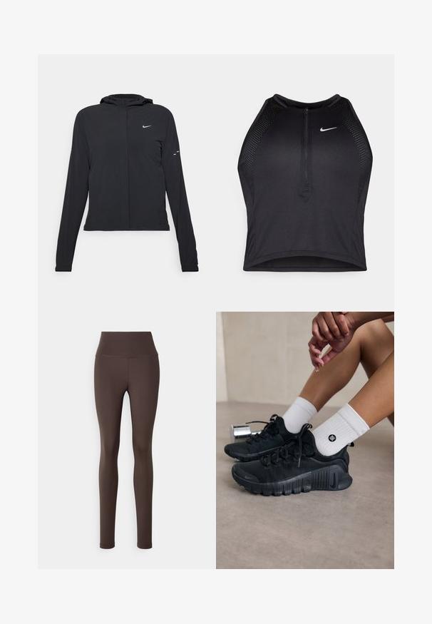 Crna jakna s kapuljačom i dugim rukavima, izrađena od laganog materijala. Ima prednji patentni zatvarač, Nike logo i suptilne dizajnerske detalje.; Crni sportski crop top s patentnim zatvaračem, mrežastim detaljima i prilagođenim dizajnom. Izrađen od rastezljivog, prozračnog materijala. Nike logo na prednjoj strani.; Smeđe visoke tajice izrađene od rastezljivog materijala, s glatkom teksturom i prilagođenim siluetom, bez vidljivih uzoraka ili dodataka.; Crne atletske tenisice s teksturiranim materijalom, vezivanjem i istaknutim potplatom, u kombinaciji s bijelim rebrastim čarapama koje imaju mali logo.