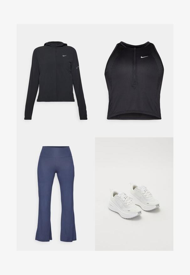 Veste à capuche noire avec des manches longues, fabriquée en matériau léger. Elle comporte une fermeture éclair à l'avant, un logo Nike et des accents de design subtils.; Crop top sportif noir avec fermeture éclair à l'avant, accents en mesh et design ajusté. Fabriqué en tissu extensible et respirant. Logo Nike à l'avant.; Yogasearcher JAIPUR FLARE PANTS - Pantalon de survêtement - navy; Baskets de sport blanches avec une tige en maille texturée, une semelle rembourrée et de subtils accents gris. Comprend un logo et une languette en boucle au talon pour un enfilage facile.